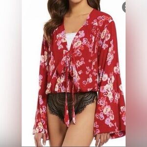 Free People Red Floral Tie-Front Lace-bottom body suit